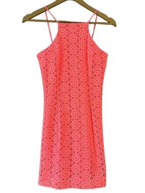 Lilly Pulitzer Costello Dress Coral Pink Crochet Lace Shift Cut-In Neck